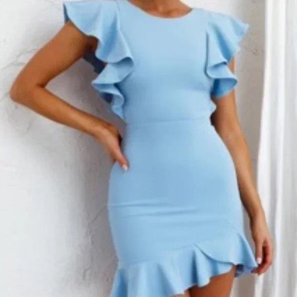 knee length dresses for ladies Auguste Tiered Frill Mini Dress Sky Blue XXL